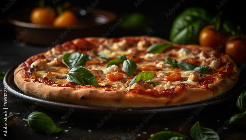 Freshly baked rustic margherita pizza on plate generated by AI