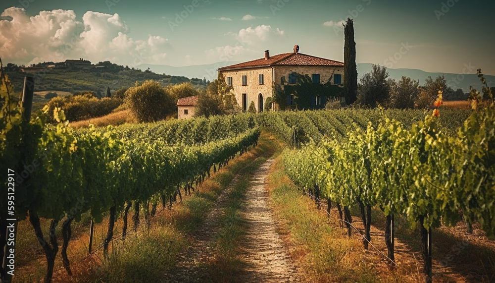 Naklejka premium Sunset over vineyard, winery harvests autumn grapes generated by AI