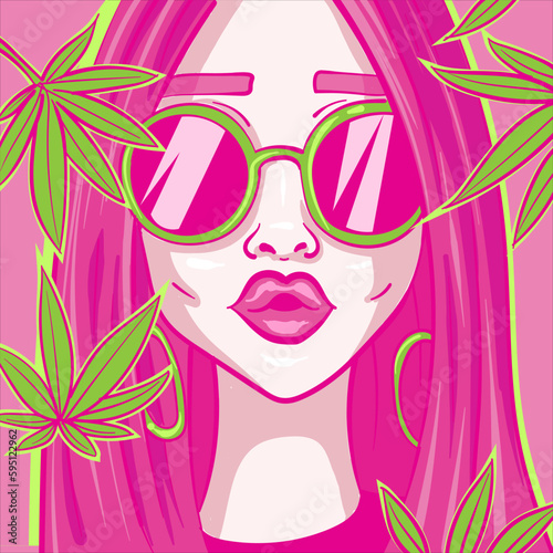 Digital art of a stoner girl with pink hair and green marijuana leaves around her head. Character avatar of a junkie woman with sunglasses and cannabis.