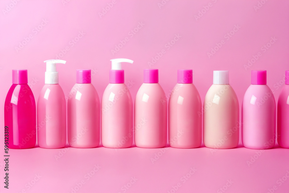 A perfume or a bottle for cosmetics on a pink background. Generative AI. A perfume or a bottle for cosmetics on a pink background. Generative AI.