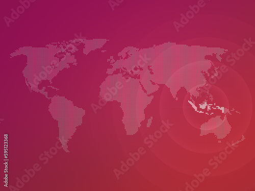 Dotted halftone world map with the country of Indonesia highlighted. Modern and clean world map on a purplish to red color gradient background.
