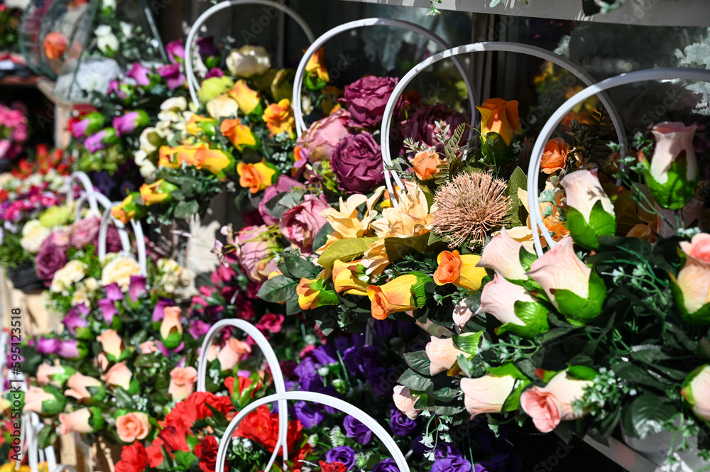 Flowers are sold in a flower shop. Natural and artificial flowers.