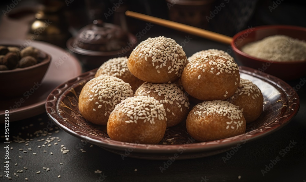  a plate of sesame seed rolls on a table with bowls of sesame seeds.  generative ai