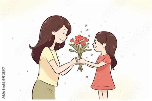 Drawing of a girl handing flowers to her mother, mothers day concept, cartoon style (Generative AI) photo