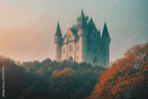 An ancient castle in a misty forest. Generative AI.