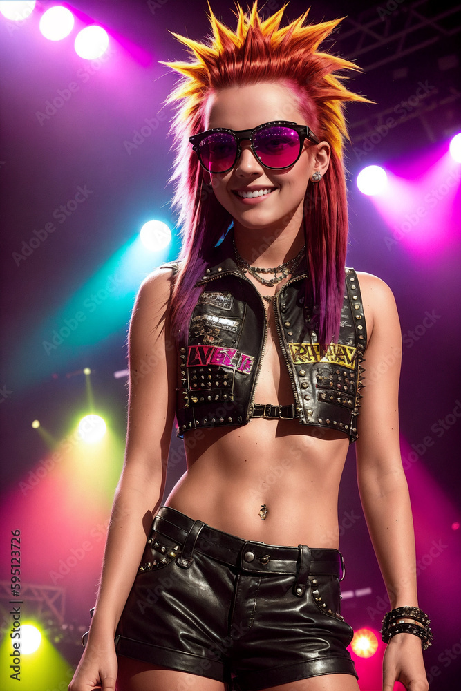 Portrait of a teen girl, as rock star, with red hair and sunglasses on a stage with lights and illumination. Generative AI.