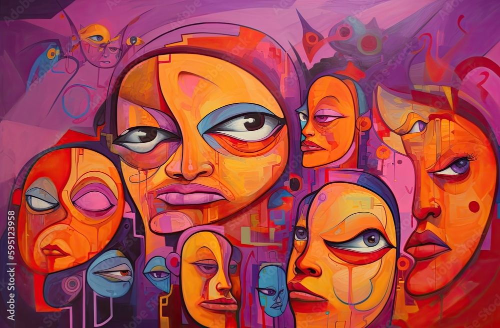 Fototapeta premium A crowd of people, closeup on faces, identity disorder concept illustration, generative ai