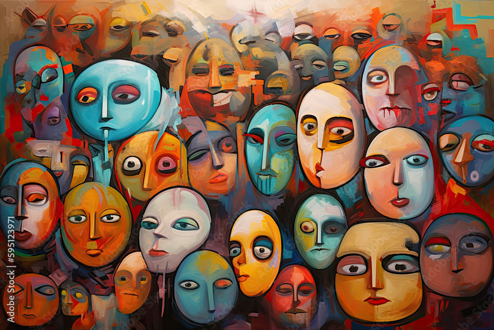 A crowd of people, closeup on faces, identity disorder concept illustration, generative ai - obrazy, fototapety, plakaty 