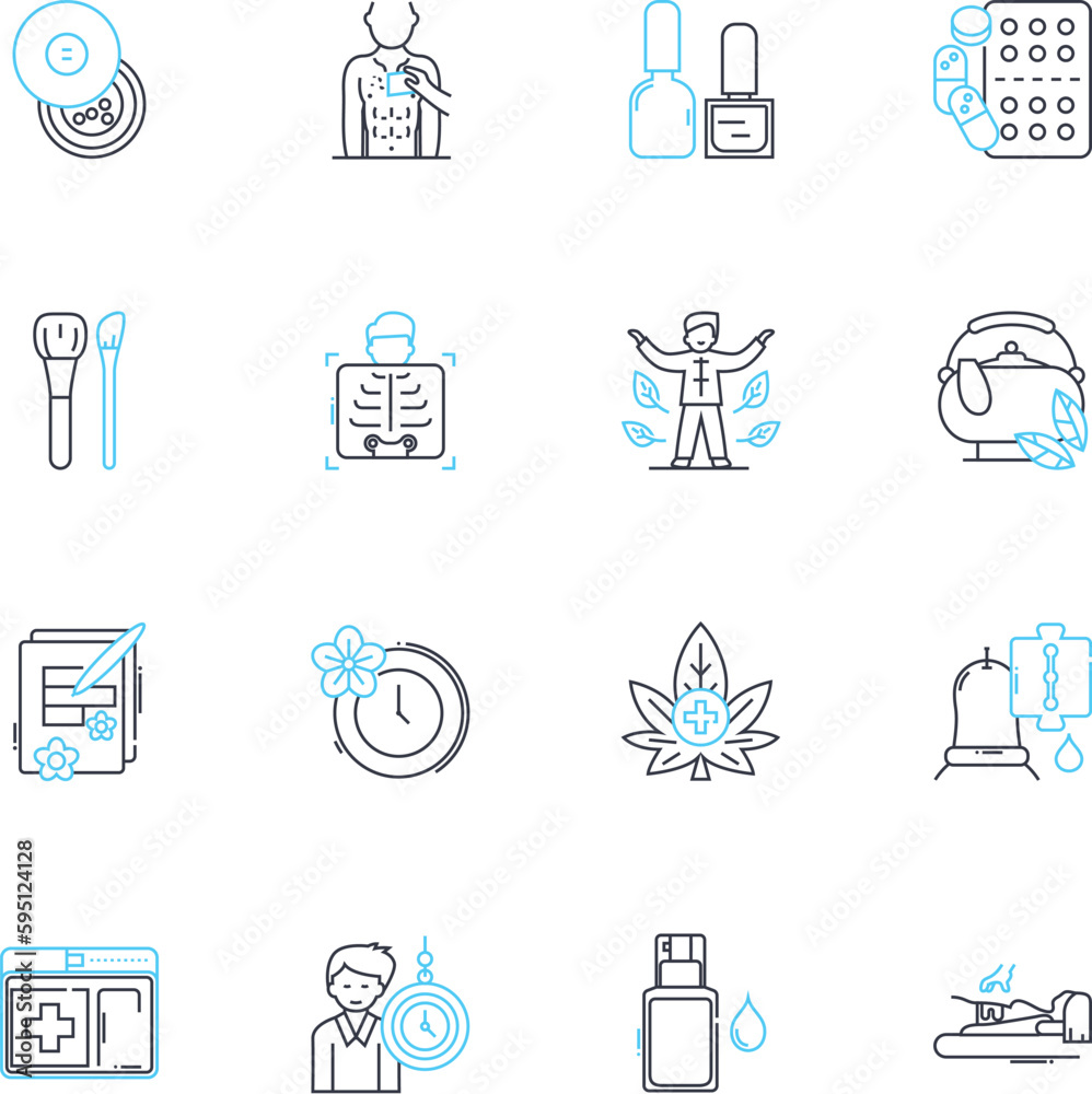Fototapeta premium Yoga mindfulness linear icons set. Meditate, Om, Chakra, Serenity, Asana, Namaste, Calm line vector and concept signs. Breath,Stretch,Relaxation outline illustrations