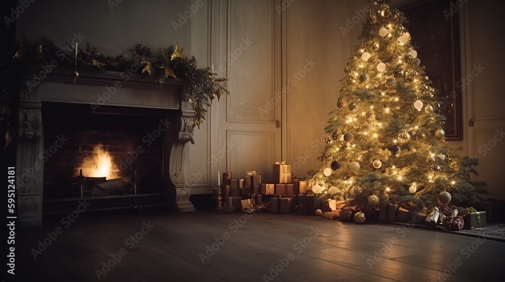 An interior with a Christmas Tree and a fireplace 