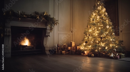 An interior with a Christmas Tree and a fireplace 