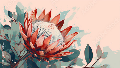 Fotografie, Obraz Protea flower, Australian natives flowers, Contemporary illustration in modern m