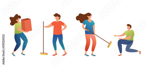 Happy women and men cleaning up city street. Group of young ecologists, volunteers or eco activists picking up and disposing garbage in park. Community service work. Flat cartoon vector illustration.