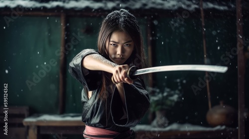Young asian woman in traditional kimono dress making a martial art pose with a katana sword, close-up portrait, snowy weather ai, ai generative, illustration