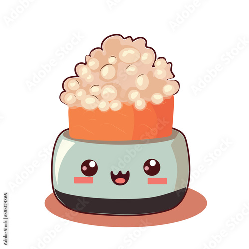 Cute sushi icon in kawaii style with smiling face and pink cheeks. Japanese traditional cuisine dishes. Temaki, tempura, nigiri, tamago, uramaki, futomaki.