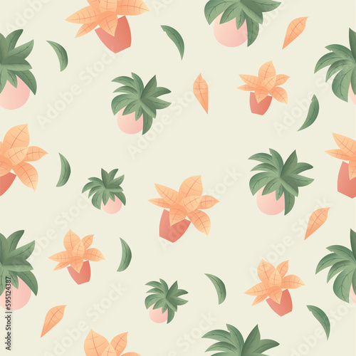Colorful houseplant in pot seamless pattern. Vector endless background with cute plant in flowerpot. Hand drawn flower in pot backdrop.