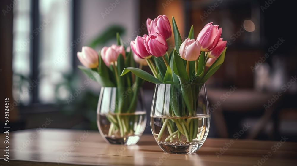two bouquets of pink tulip flowers in a glass vase with golden water on a wooden table with a blurry room interior in background (Generative AI) two bouquets of pink tulip flowers in a glass vase with golden water on a wooden table with a blurry room interior in background (Generative AI)