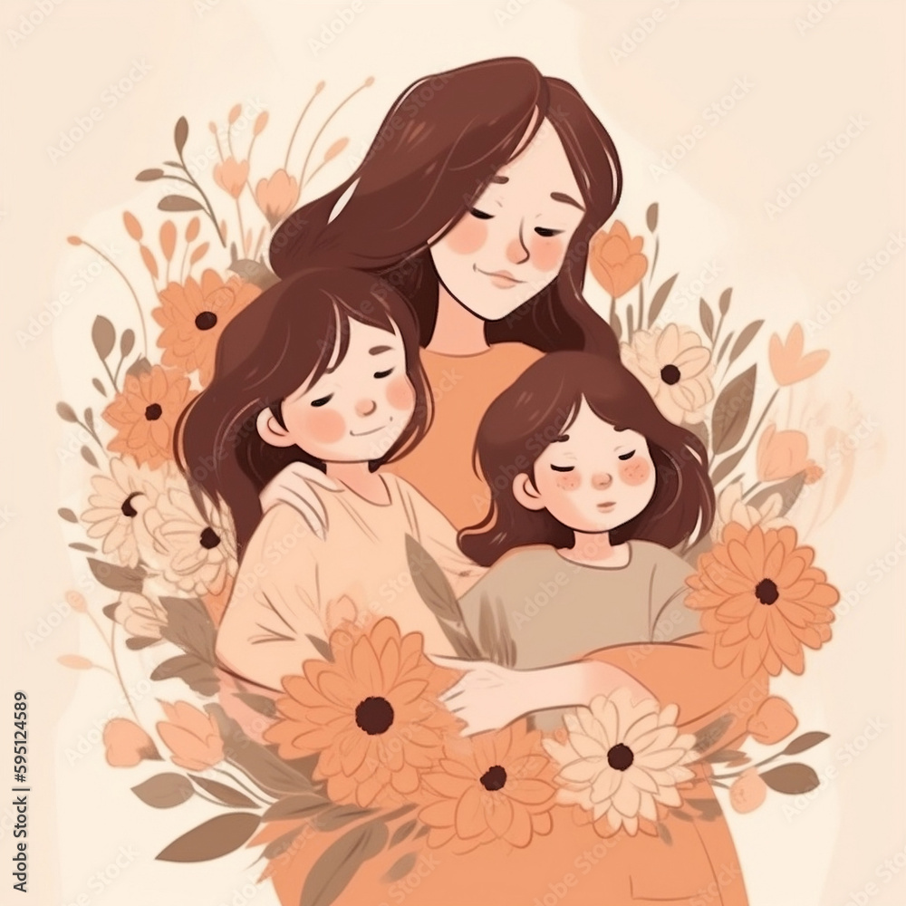 Illustration of mother and kids with flowers for mother's day (Generative AI)