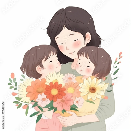 Illustration of mother and kids with flowers for mother s day  Generative AI 