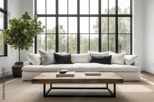 Interior of white linen sofa in Modern design living room with plant photo