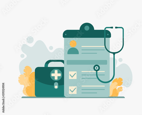 Stethoscope, shield and health insurance card. Health insurance, medical check up. Trendy style vector illustration.	