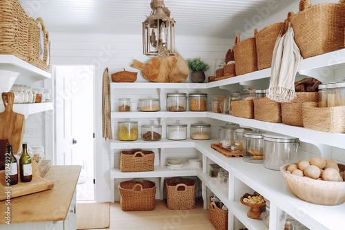 Walk in organized food pantry closet in cozy cottage style home. Generative AI.  photo