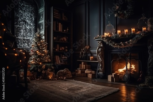 luxury interior, christmas tree, fireplace, generative AI