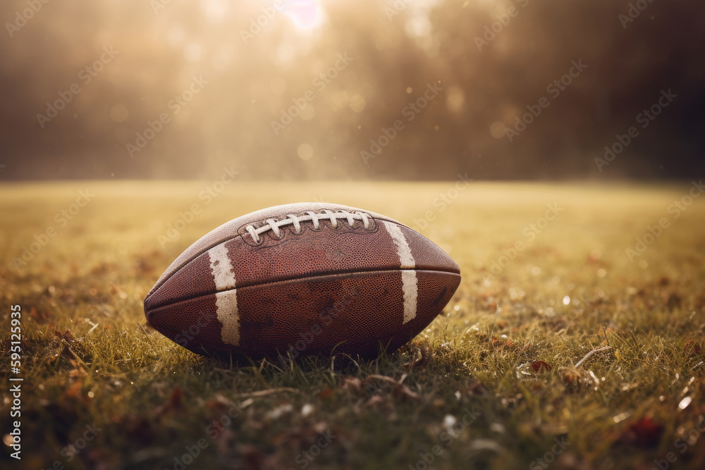 A closeup of a football reveals intricate textures, highlighting the heart of a thrilling game that unites fans and athletes on the field, inspiring team spirit and camaraderie. Generative AI. A closeup of a football reveals intricate textures, highlighting the heart of a thrilling game that unites fans and athletes on the field, inspiring team spirit and camaraderie. Generative AI.