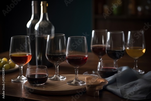 Savor the essence of fine wine. Wineglass on the table with our exquisite collection of tasting wine. Capturing the ritual and refinement of wine-tasting. Generative AI