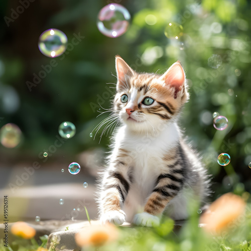 Cute little cat in the garden. Illustration. Ai generation.