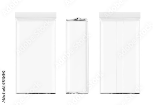 High realistic vacuum package bag mockup set. Front, side and back views. Vector illustration isolated on white background. Easy to use for presentation your product, idea, promo, design. EPS10.