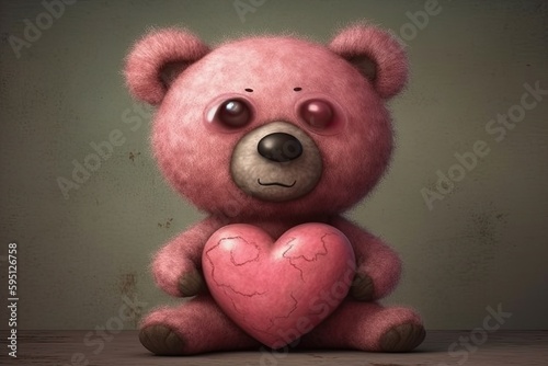 cute pink teddy bear holding a heart-shaped balloon. Generative AI