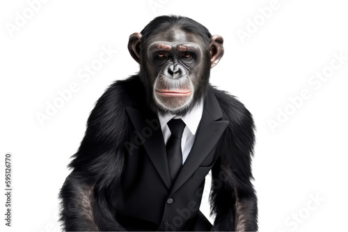 Business chimpanzee wearing black suit on Transparent background. Generative AI