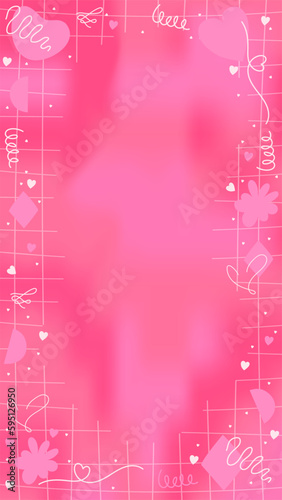 Pink romantic blurry Mesh Gradient Abstract storic template Background with Copy Space and Hand-drawn Kawaii Y2K Elements - Smooth and Rounded Line doodles