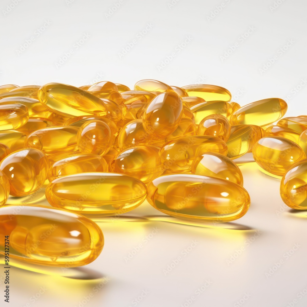 yellow transparent fish oil supplement capsules isolated on white background .Generative AI yellow transparent fish oil supplement capsules isolated on white background .Generative AI