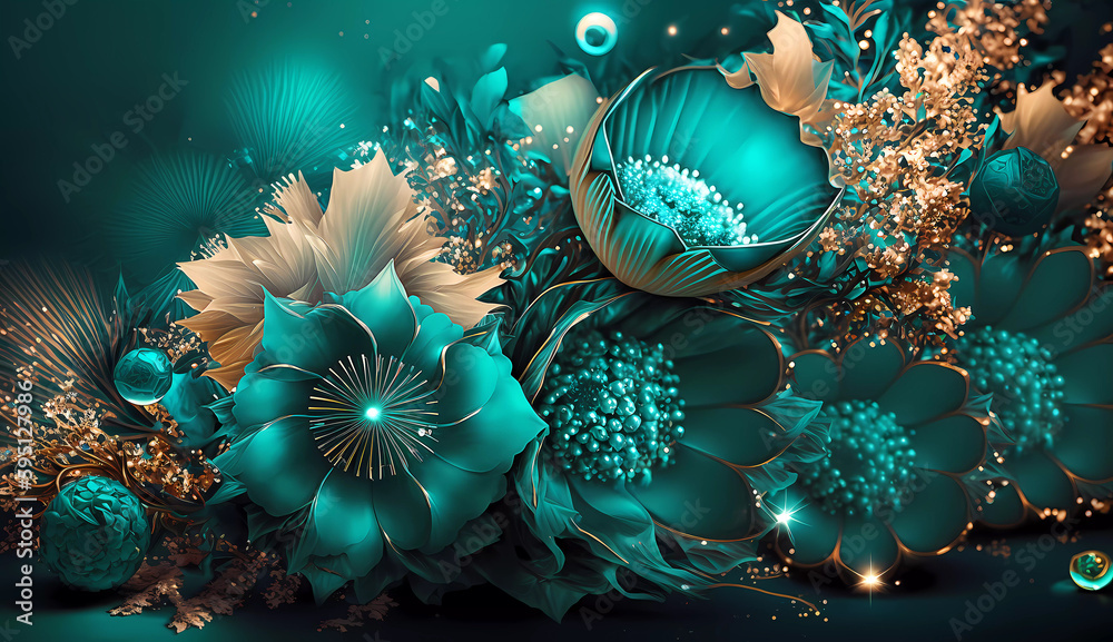 Floral wallpaper. Turquoise flowers with gold on a turquoise background.  Copy space. Banner. Generative AI Stock Illustration | Adobe Stock