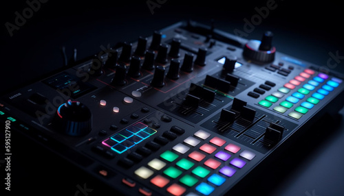 Professional sound engineer adjusts nightclub mixing equipment generated by AI