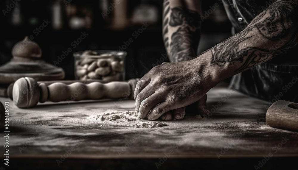 Handmade dough rolled expertly on wooden plank generated by AI