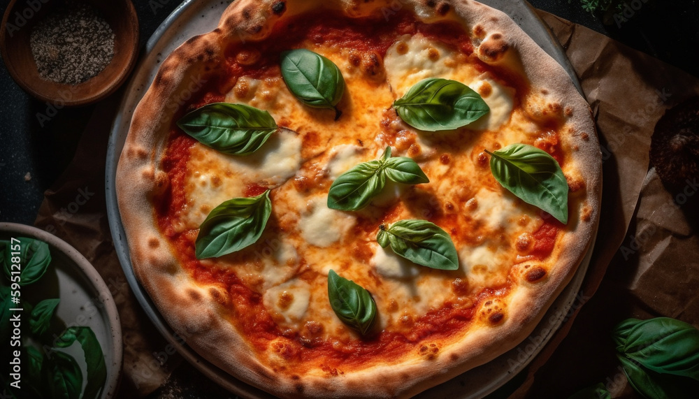 Freshly baked pizza on rustic wooden table generated by AI Freshly baked pizza on rustic wooden table generated by AI