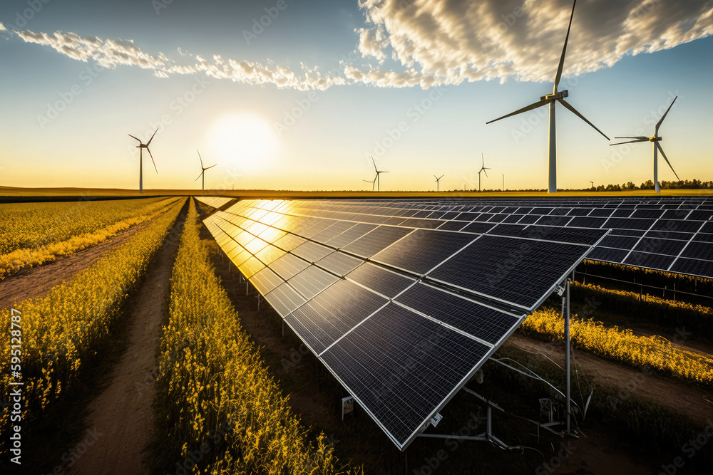 AI Generated Solar Panels Wind Power Turbines Against Landscape And ai-generated-solar-panels-wind-power-turbines-against-landscape-and