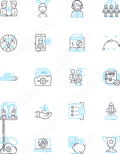 Rapid expansion linear icons set. Growth, Expansion, Acceleration, Proliferation, Develop, Blooming, Flourishing line vector and concept signs. Thriving,Surging,Burgeoning outline illustrations