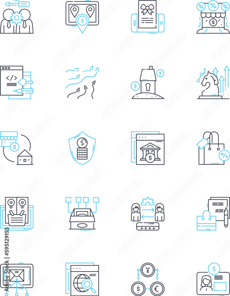 Vend Merchandise linear icons set. Sales, Vending, Products, Pop-up, Kiosk, Retail, Inventory line vector and concept signs. Popup,Discounts,Stock outline illustrations