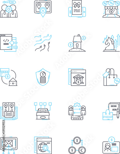 Vend Merchandise linear icons set. Sales, Vending, Products, Pop-up, Kiosk, Retail, Inventory line vector and concept signs. Popup,Discounts,Stock outline illustrations
