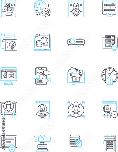 Online technology linear icons set. Internet, Website, Browser, Coding, Social, Nerk, Gaming line vector and concept signs. Cybersecurity,E-commerce,App outline illustrations