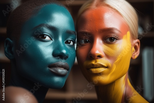 two young women with skin colors. Generative AI © wetzkaz