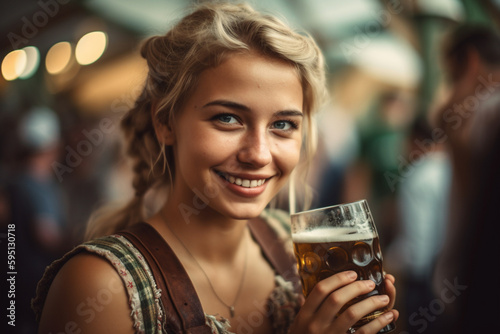woman at oktoberfest with beer mug. Generative AI