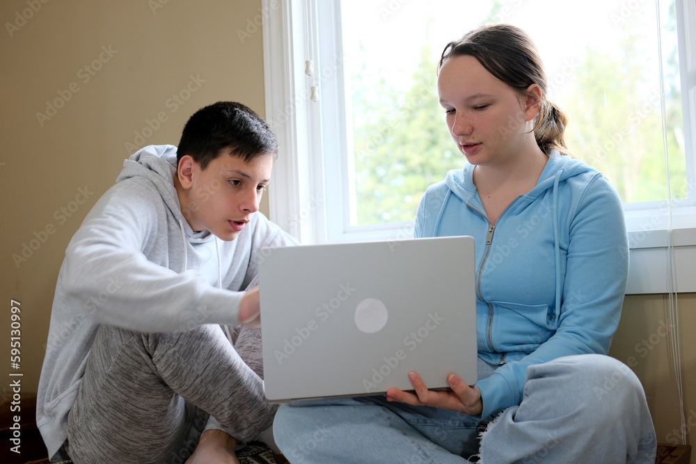 explain lesson boy showing girl on computer helping study friends older brother younger sister online learning spending time together sitting by window with a laptop in hands teenagers 14 15 years old explain lesson boy showing girl on computer helping study friends older brother younger sister online learning spending time together sitting by window with a laptop in hands teenagers 14 15 years old