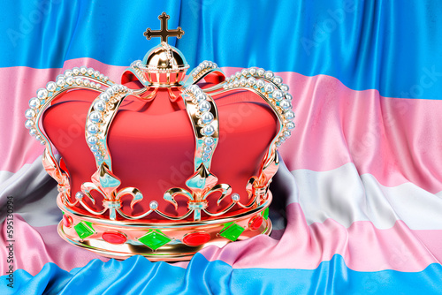 Royal golden crown with jewels on transgender flag background, 3D rendering