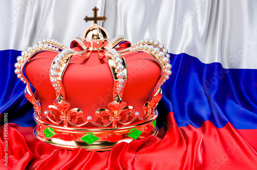 Royal golden crown with jewels on the Russian flag background, 3D rendering
