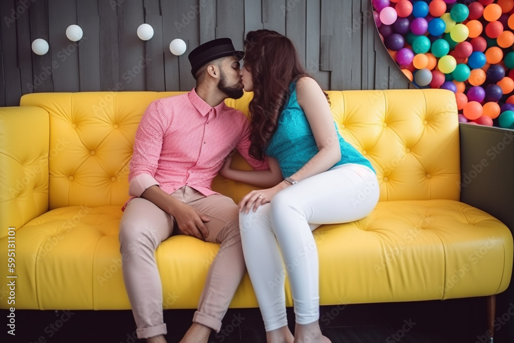 Obraz premium love kiss and care, young adult man and woman, couple in relationship. Generative AI